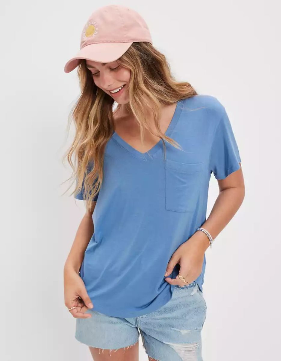 T Shirts American Eagle AE Soft & Sexy V-Neck Pocket Tee Bleu Femme | PUU-68579056